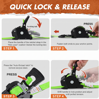 13FT Retractable Ratchet Tie Down Straps, Heavy Duty Self-Retracting Cargo Straps for Truck, Trailer, Motorcycle & Moving