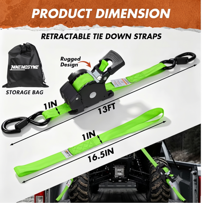 13FT Retractable Ratchet Tie Down Straps, Heavy Duty Self-Retracting Cargo Straps for Truck, Trailer, Motorcycle & Moving