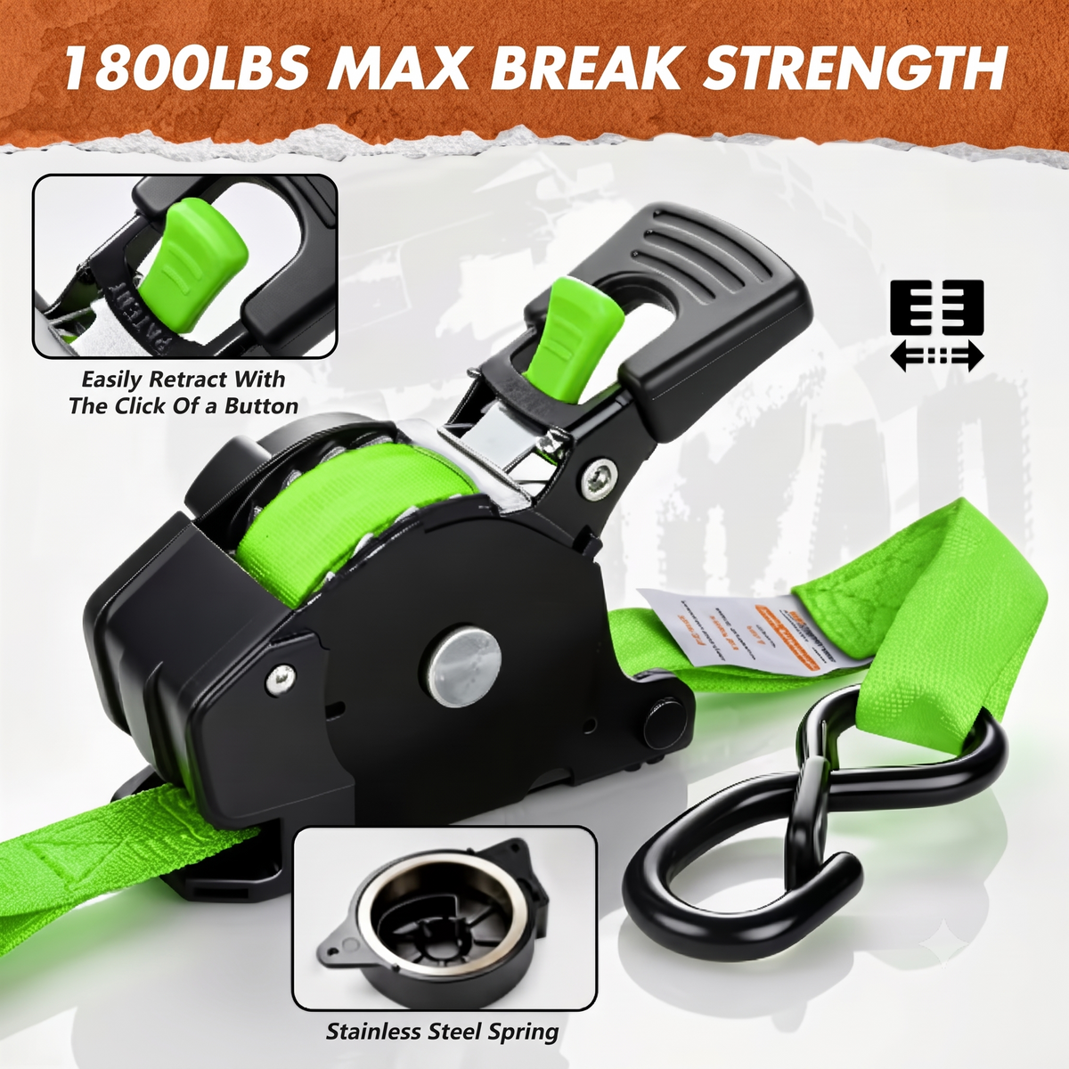 13FT Retractable Ratchet Tie Down Straps, Heavy Duty Self-Retracting Cargo Straps for Truck, Trailer, Motorcycle & Moving